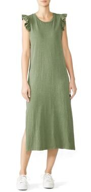 SUNDRY Ayana Midi T-Shirt Flutter Short Sleeve Dress Olive Green Anthropologie S